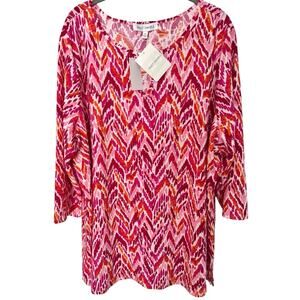 Emily Daniels Sz 2X Pink & Orange Ikat Tunic 3/4 Sleeve Top NWT